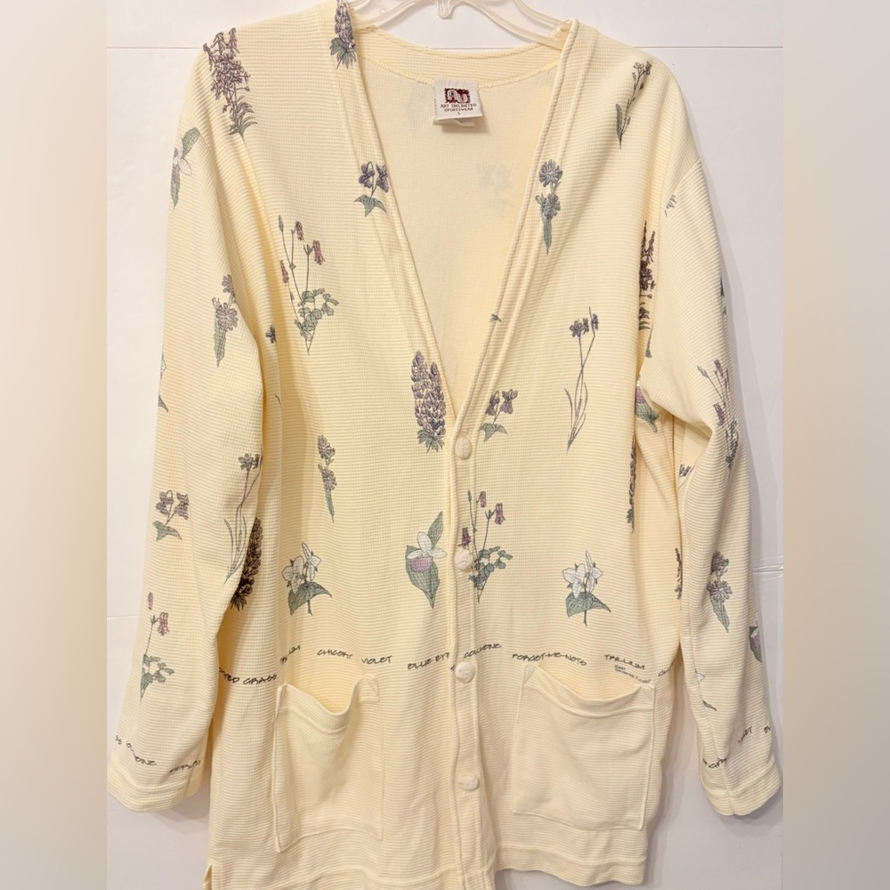 ART UNLIMITED SPORTSWEAR LONG SLEEVE PLANTS PRINT V-NECK CARDIGAN/POCKETS.
